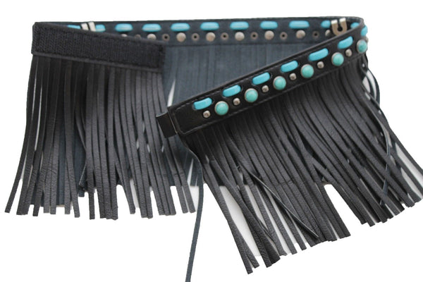 Black Brown Leather Long Fringes Turquoise Blue Beads Western Pair Boots Toppers Women Accessories