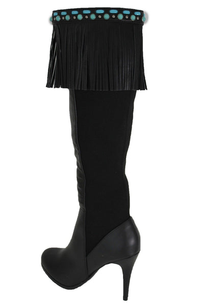 Black Brown Leather Long Fringes Turquoise Blue Beads Western Pair Boots Toppers Women Accessories