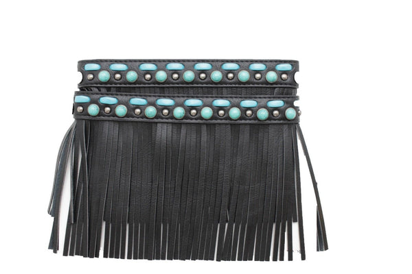 Black Brown Leather Long Fringes Turquoise Blue Beads Western Pair Boots Toppers Women Accessories