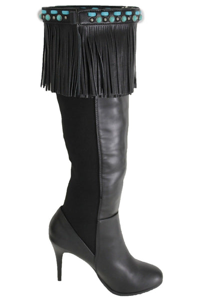 Black Brown Leather Long Fringes Turquoise Blue Beads Western Pair Boots Toppers Women Accessories