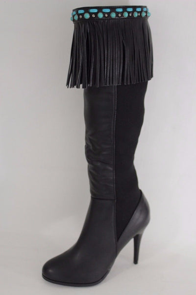 Black Brown Leather Long Fringes Turquoise Blue Beads Western Pair Boots Toppers Women Accessories