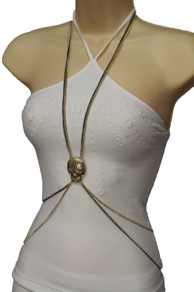 Pewter Gold Silver Metal Body Chains Harness Skeleton Skull Long Necklace New Jewelry Accessories