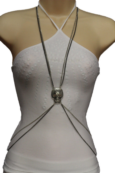 Pewter Gold Silver Metal Body Chains Harness Skeleton Skull Long Necklace New Jewelry Accessories