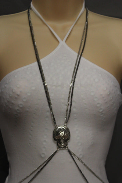 Pewter Gold Silver Metal Body Chains Harness Skeleton Skull Long Necklace New Jewelry Accessories