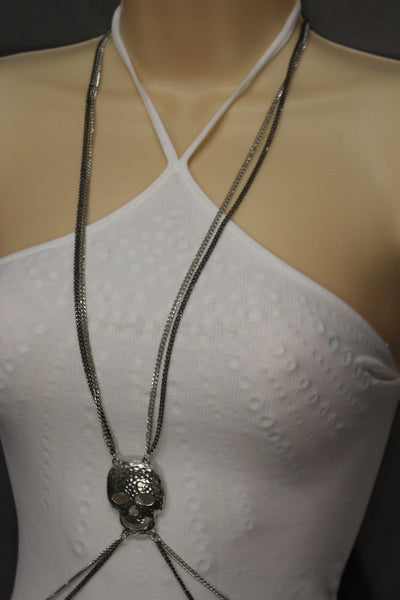 Pewter Gold Silver Metal Body Chains Harness Skeleton Skull Long Necklace New Jewelry Accessories