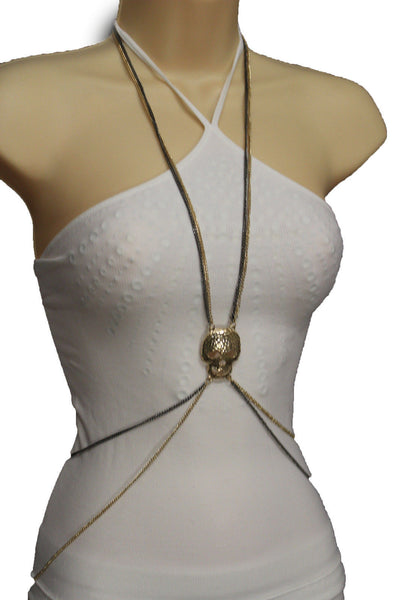 Pewter Gold Silver Metal Body Chains Harness Skeleton Skull Long Necklace New Jewelry Accessories