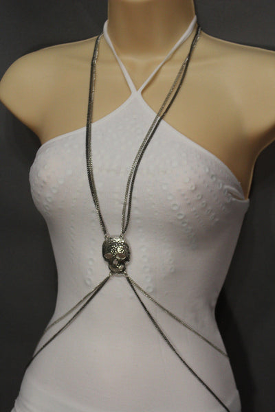 Pewter Gold Silver Metal Body Chains Harness Skeleton Skull Long Necklace New Jewelry Accessories