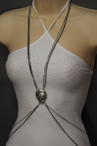 Pewter Gold Silver Metal Body Chains Harness Skeleton Skull Long Necklace New Jewelry Accessories