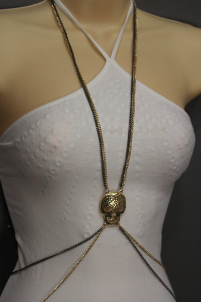 Pewter Gold Silver Metal Body Chains Harness Skeleton Skull Long Necklace New Jewelry Accessories