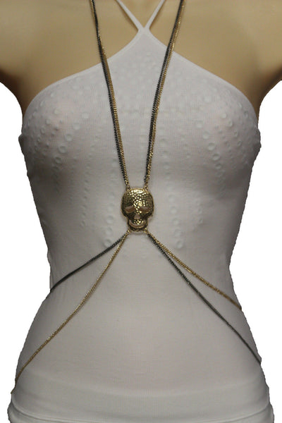 Pewter Gold Silver Metal Body Chains Harness Skeleton Skull Long Necklace New Jewelry Accessories