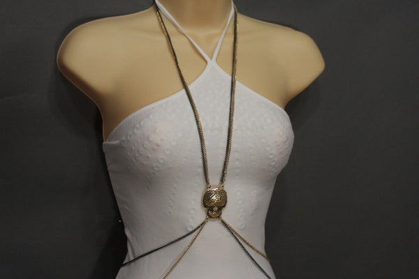 Pewter Gold Silver Metal Body Chains Harness Skeleton Skull Long Necklace New Jewelry Accessories