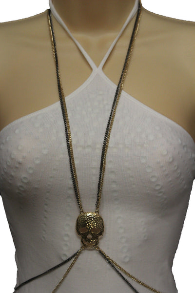 Pewter Gold Silver Metal Body Chains Harness Skeleton Skull Long Necklace New Jewelry Accessories