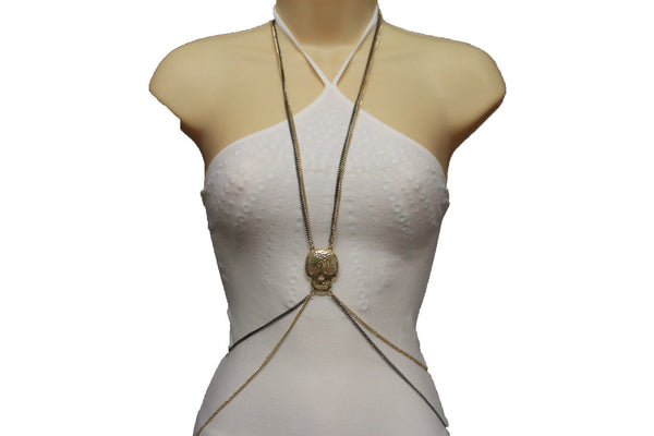 Pewter Gold Silver Metal Body Chains Harness Skeleton Skull Long Necklace New Jewelry Accessories