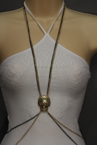 Pewter Gold Silver Metal Body Chains Harness Skeleton Skull Long Necklace New Jewelry Accessories