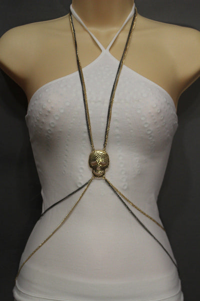 Pewter Gold Silver Metal Body Chains Harness Skeleton Skull Long Necklace New Jewelry Accessories
