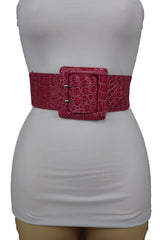 Crocodile Stamped Faux Leather Square Buckle Wide Waistband Belt