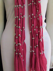Pink Soft Fabric Scarf Multi Silver Balls Beads Pendants Necklace