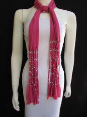 Pink Soft Fabric Scarf Multi Silver Balls Beads Pendants Necklace