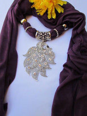 Purple Gray Elegant Soft Fabric Scarf Long Necklace Big Silver Peacock Pendant