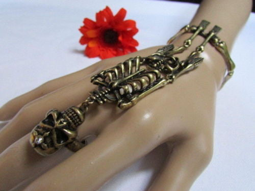 Rusty Gold Hot Hand Chain Bracelet Slave Ring Long Skeleton Skull Women Accessories