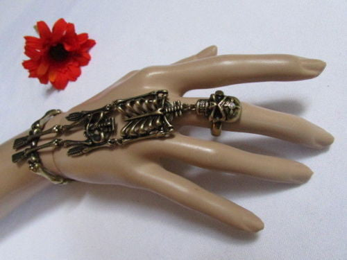 Rusty Gold Hot Hand Chain Bracelet Slave Ring Long Skeleton Skull Women Accessories