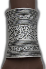 Shiny Silver Long Wide Metal Cuff Bracelet Wrist Moroccan Leaves Style