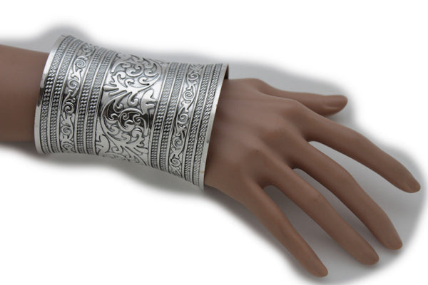 Shiny Silver Long Wide Metal Cuff Bracelet Wrist Moroccan Leaves Style New Women Fashion Accessories