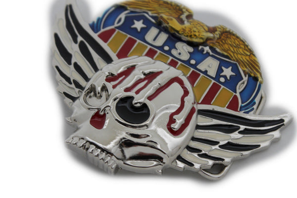 Silver Skull Wings Skeleton USA Army American Eagle Bloody Belt Buckle Men Women Accessories