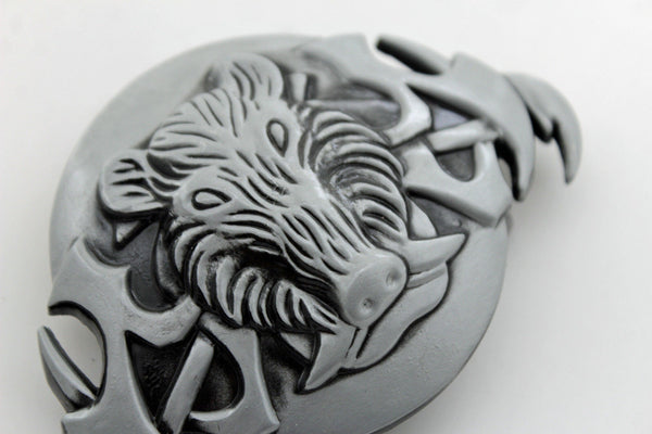 Silver Black Animal Wild Pig Boar Tusks Head Hunters Unique Belt Buckle New Men Women Accessories