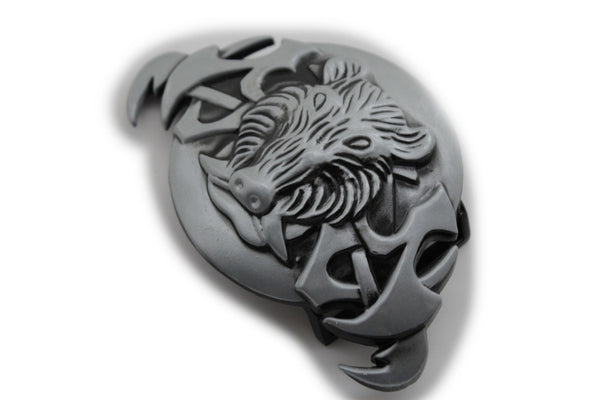 Silver Black Animal Wild Pig Boar Tusks Head Hunters Unique Belt Buckle New Men Women Accessories
