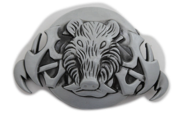 Silver Black Animal Wild Pig Boar Tusks Head Hunters Unique Belt Buckle New Men Women Accessories