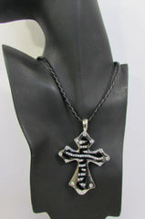 Silver Black Metal Long Big Zebra Cross Rhinestones Necklace
