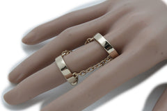 Silver Gold Band Elastic Short Chain Rhinestones Plate Double Ring Women Unique