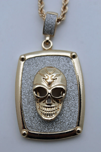Silver Gold Metal Chain Big 3D Skeleton Skull Pendant Long Necklace New Men Fashion Accessories