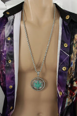 Silver Gold Metal Chains Long Necklace Weed Leaf Marijuana Pendant Men