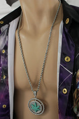Silver Gold Metal Chains Long Necklace Weed Leaf Marijuana Pendant Men