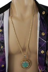 Silver Gold Metal Chains Long Necklace Weed Leaf Marijuana Pendant Men