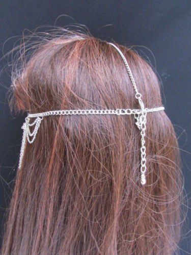 Silver Gold Metal Head Band Forehead Big Square Multi Rhinestones Multi Drapes Hair Accessories