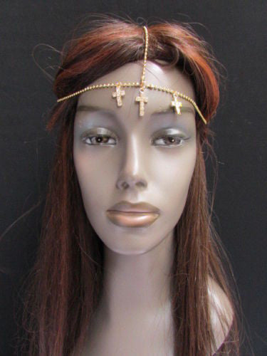 Silver Gold Metal Head Chain Multi Cross Rhinestones Wave Women Fashion Hair Piece Jewelry Accessories