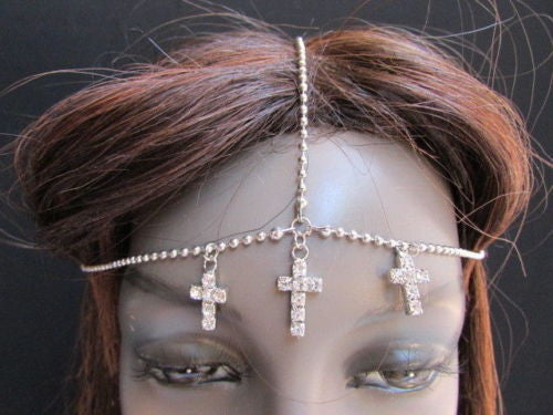 Silver Gold Metal Head Chain Multi Cross Rhinestones Wave Women Fashion Hair Piece Jewelry Accessories