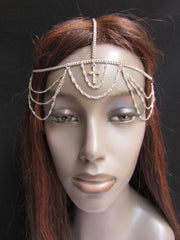 Silver Gold Metal Head Chain Multi Wave Hair Piece Cross Rhinestone