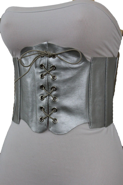 Silver Gunmetal Red Purple Faux Leather Wide Sexy Corset Belt Hip High Waist Women Accessories M XL