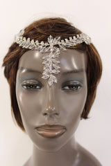 Silver Head Hair Pin Clips Big Beads Forehead Grecian Long Rhinestones Strand