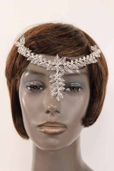 Silver Head Hair Pin Clips Big Beads Forehead Grecian Long Rhinestones Strand Women Accessories