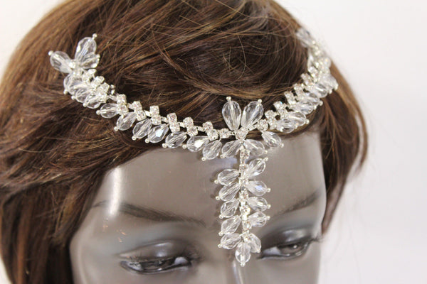 Silver Head Hair Pin Clips Big Beads Forehead Grecian Long Rhinestones Strand Women Accessories