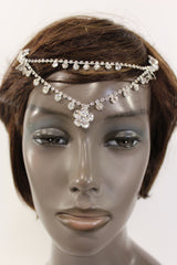 Silver Head Metal Chains Flower Beads Forehead Braids  Hair Wedding