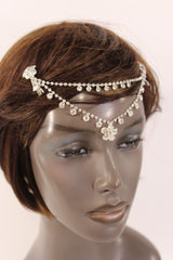 Silver Head Metal Chains Flower Beads Forehead Braids  Hair Wedding