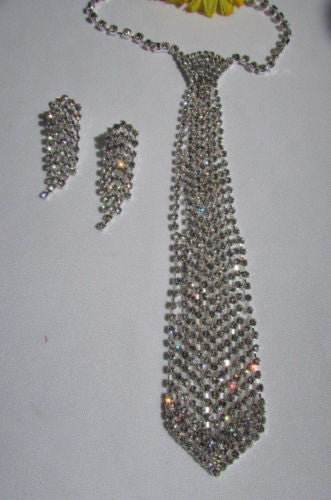 Silver Long Neck Tie Multi Rhinestones Necklace Earring Set New Women Fashion Accessories