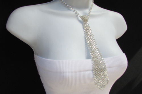 Silver Long Neck Tie Multi Rhinestones Necklace Earring Set New Women Fashion Accessories
