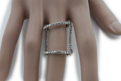 Silver Gold Band Elastic Short Chain Rhinestones Plate Double Ring Women Unique